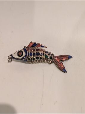 Vintage Chinese Articulated Cloisonne Koi Fish Pendant Multicolor Blue, 2.5"